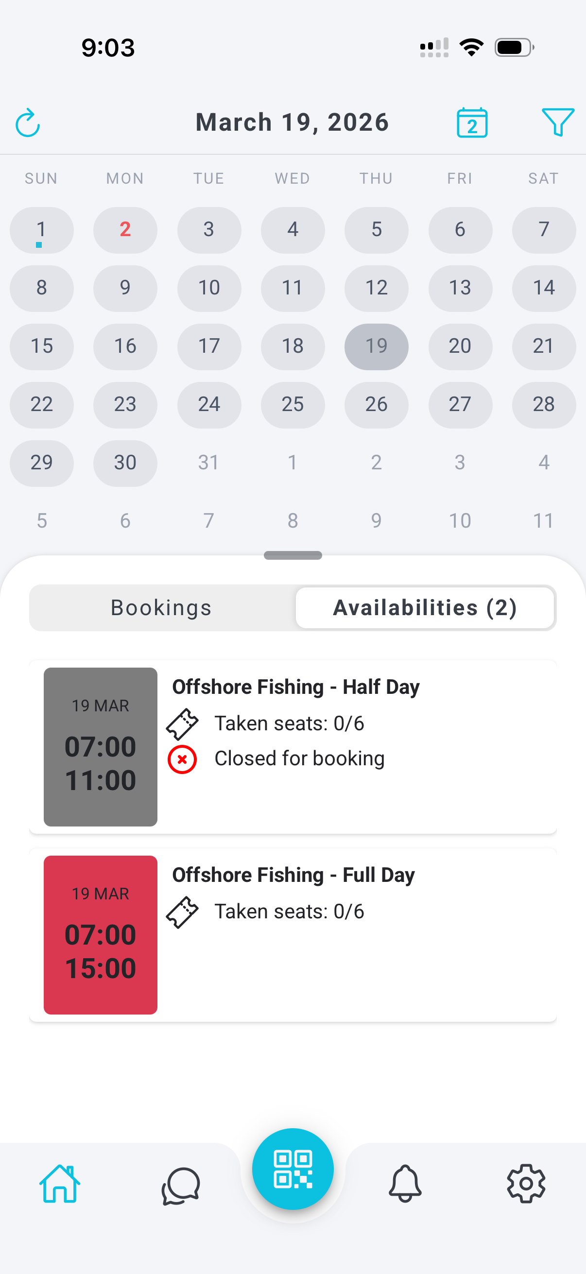 Hookset mobile app showing calendar and booking management